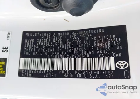 2025 Toyota Corolla Le z USA, uszkodzony, nr VIN 5YFB4MDE2SP238600